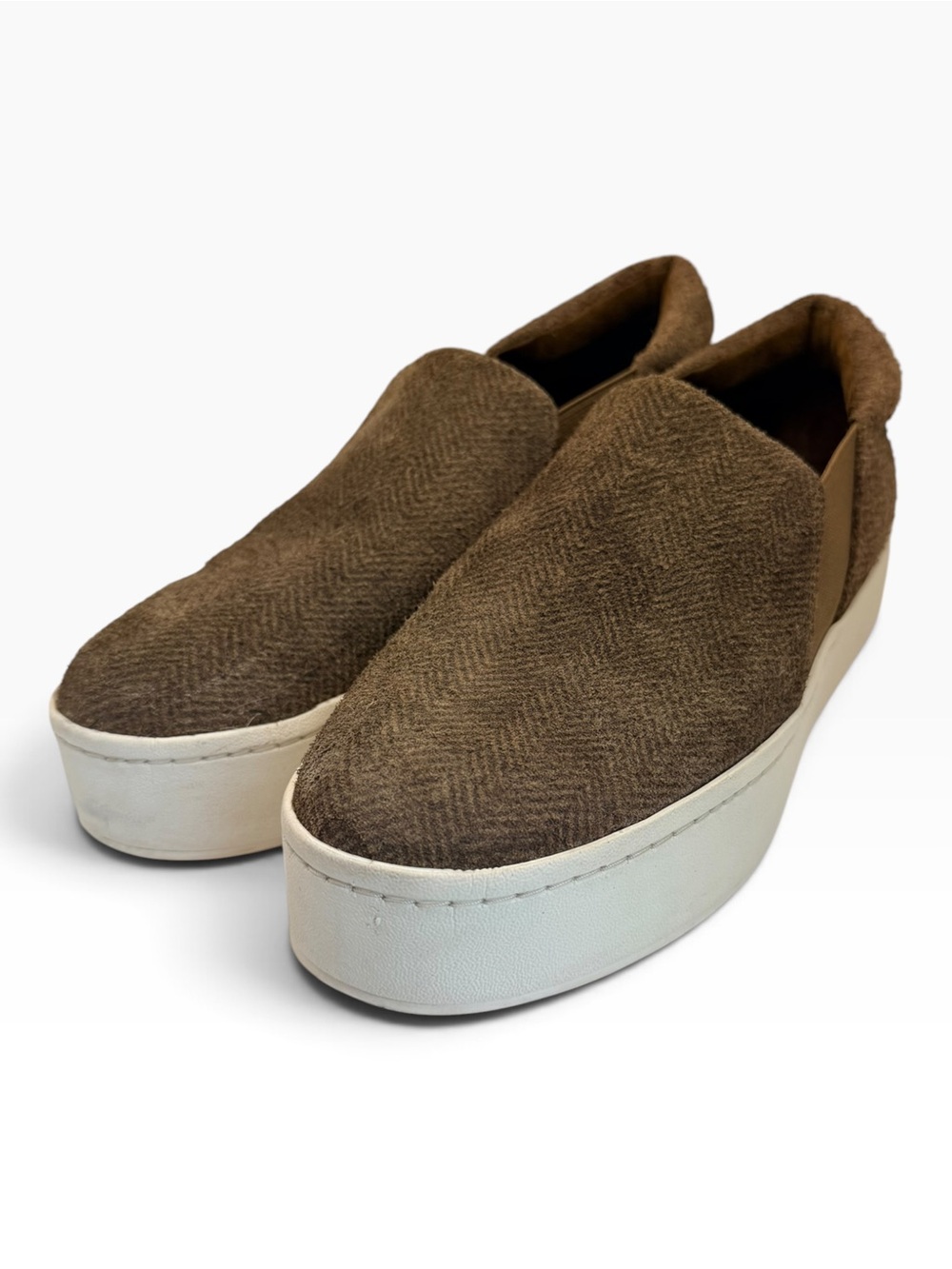 Vince “Warren” Neutral Herringbone Slip-On Platform Sneakers with White Sole